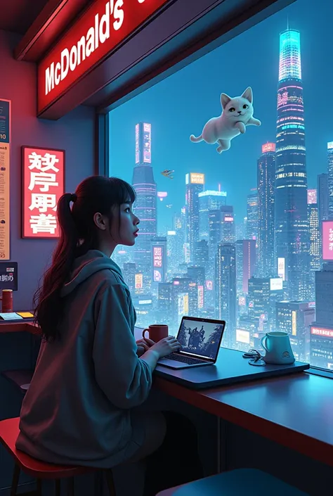   A girl attends cyberpunk Mcdonalds ,  in her apartment in Japan  ,  Looking out the window at a cat Anime,  Chromatic aberration Abuse , 