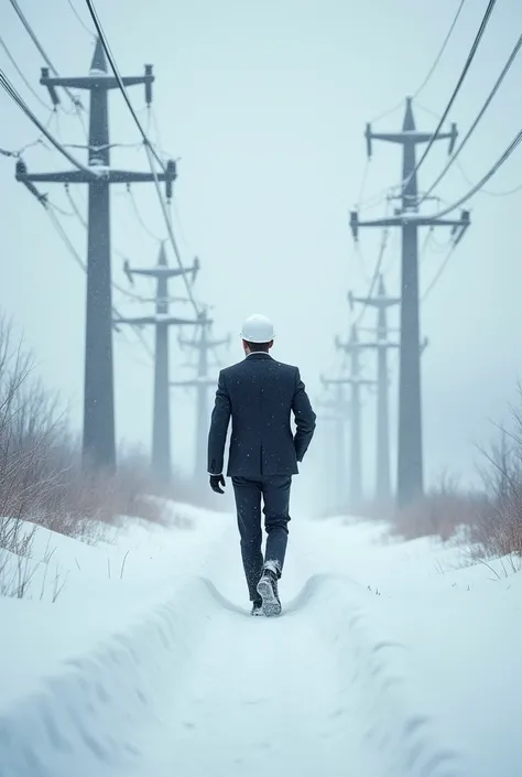 Engineer walking in suit with high voltage poles and white hard hat during snowfall