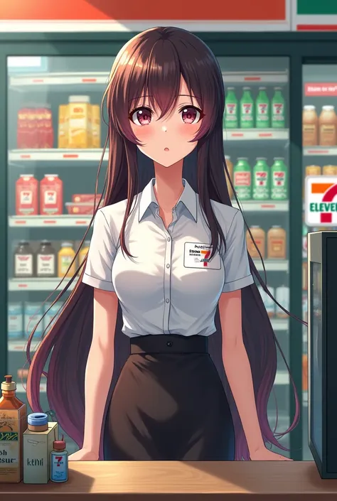 7-eleven employer behind the counter cashier. anime tall girl.