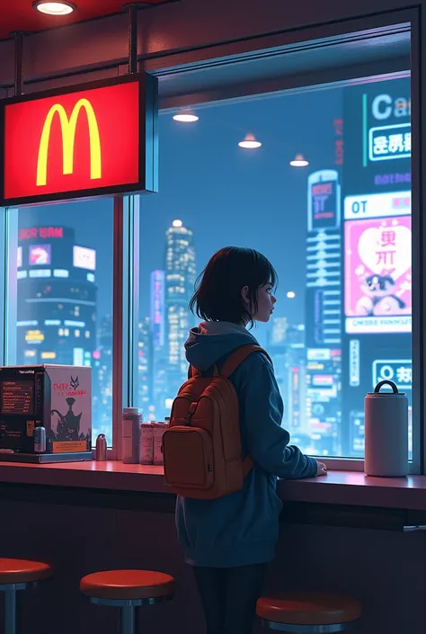   A girl attends cyberpunk Mcdonalds ,  in her apartment in Japan  ,  Looking out the window at a cat Anime,  Chromatic aberration Abuse , Estilo anime, 