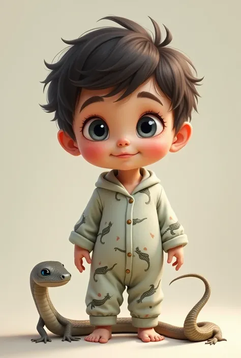 A baby boy with blue eyes and a snake
Il a les cheveux noir et un pyjama lezard