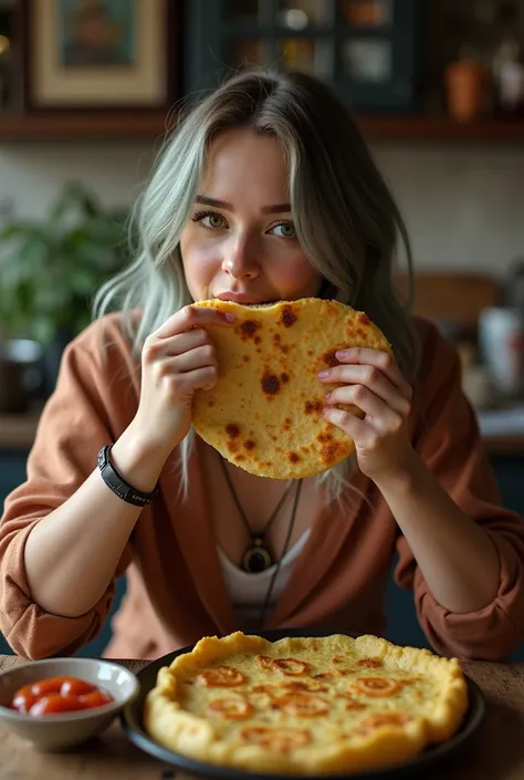 Billie Eilish eating an arepa
