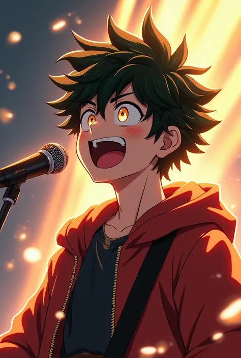   style my hero Academia Chico de 
 
shiny and epic hair :  Coffee
 golden eyes : 
 expression : happy and tender
Action :  sing with passion
 background  :
Cool clothes
Curved light shadow and epic glow
Using mimicry