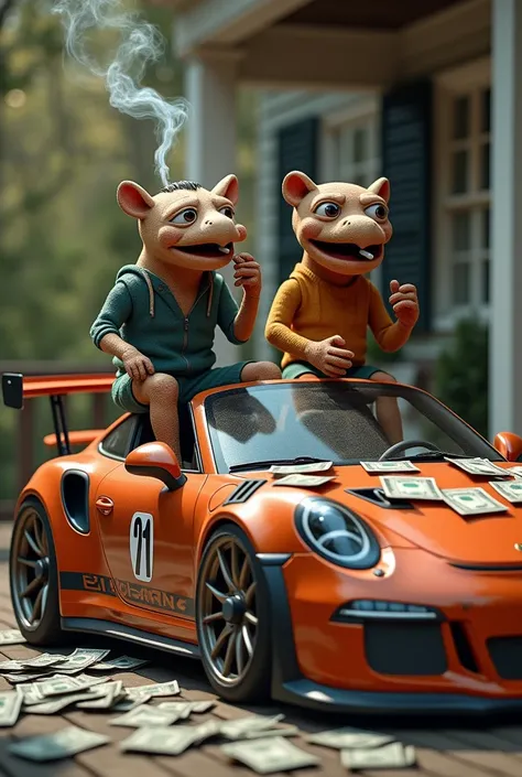 Two puppets smoking with a lot of money and riding on a 911 r3 porch