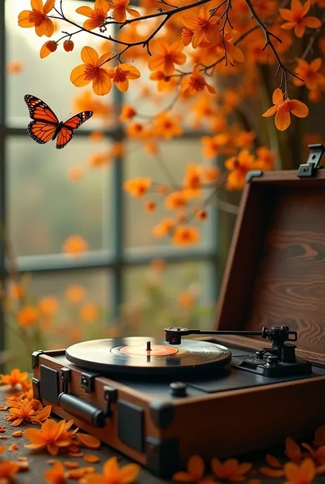  I want an asthetic image  , wallpaper type  ,with butterflies , beautiful trees with honey-colored flowers  , I want a record player with a song from the weekend ,I want butterflies  , a brown eye  ,a heart , and with small orange hues 