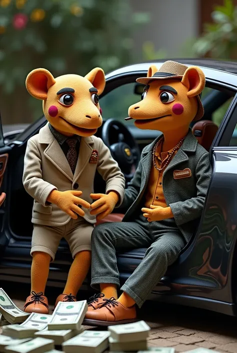 Two cloth puppets smoking with a lot of money and riding on a 911 r3 porch