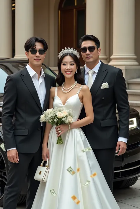  Photograph of a handsome, black-haired Korean man , wears white shirt, wearing a black suit, wearing a tie , black pants,  black shoes ,  memegang bangak uang yang berbentuk kipas, are standing with a beautiful Korean woman ,  wearing luxurious white prin...