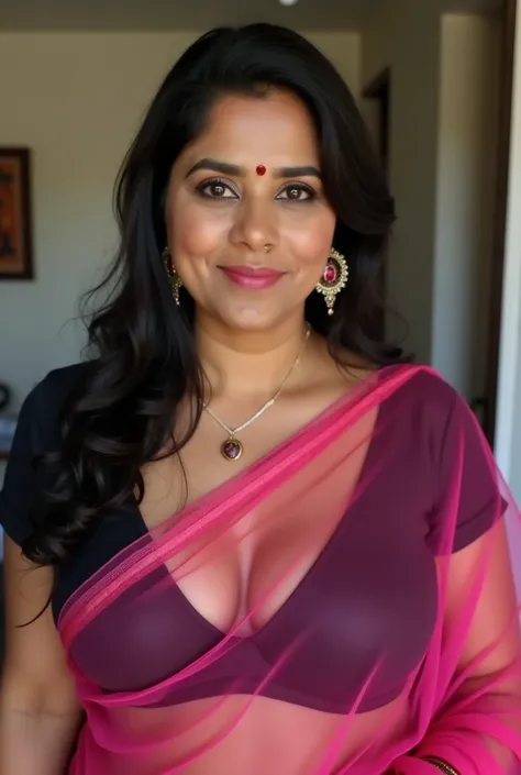 photo of Voluptuous Mature Indian Aunty with dusky skin, wearing Transparent Pink saree and Black Blouse, showing her large U cut Cleavage, Sindoor on her forehead, Hair Tied behind, bare cleavage 