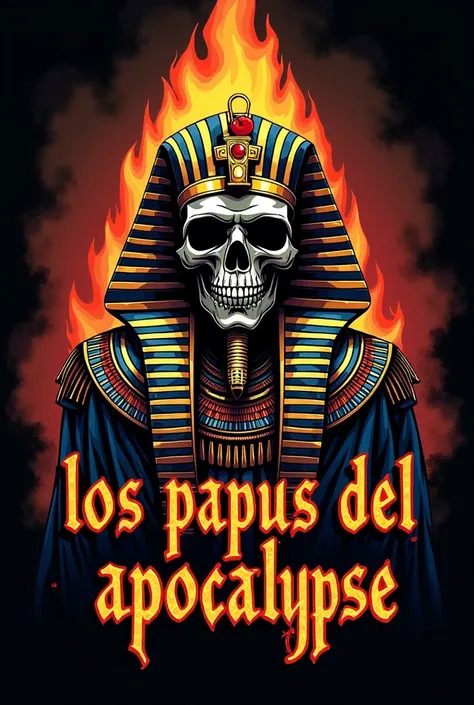 A logo of a rock band ; Who has a skull wearing Egyptian pharaohs ultra epic costume , rock instruments such as guitar ,  basses or drums and that the skull is on fire, Dont forget the text  " Los Papus del Apocalypse "  remember to do it pirate flag style...