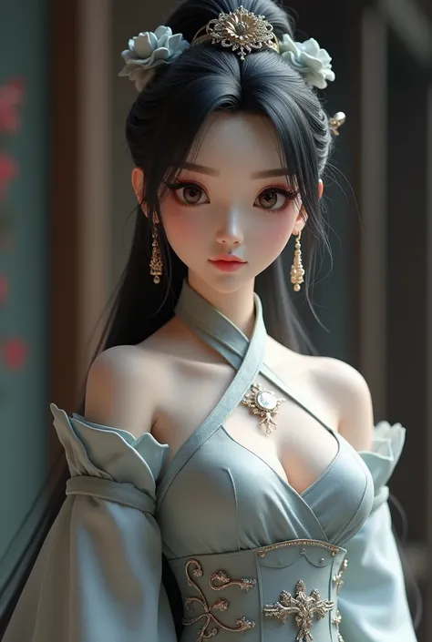  Close-up of a woman in a grey dress posing for a photo,  Statue Inspired by Shen Sizheng ,  is popular in the CG community, what is it？, Sky Doll Sword,  full boobs，Long and beautiful neck,  165 cm , Asian highly detailed ,  Height 155 cm ,  asian girl, U...