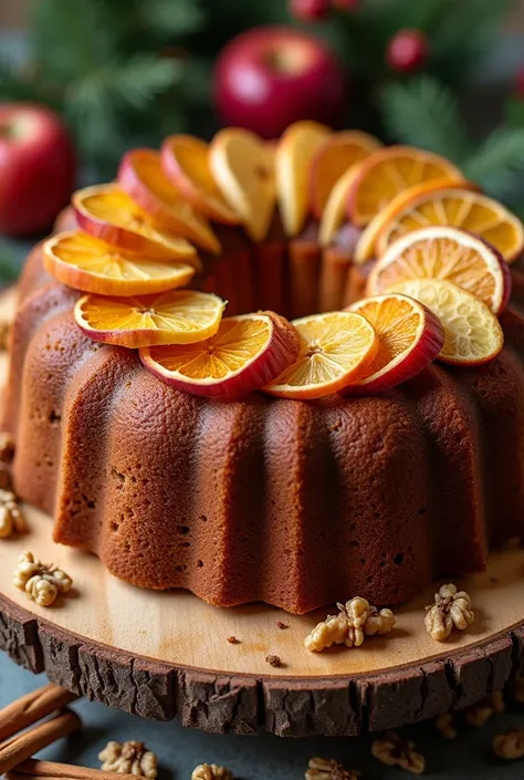 Christmas pound cake with apple cinnamon and walnut. The decoration that has fruit ,  such as dehydrated apple and orange 