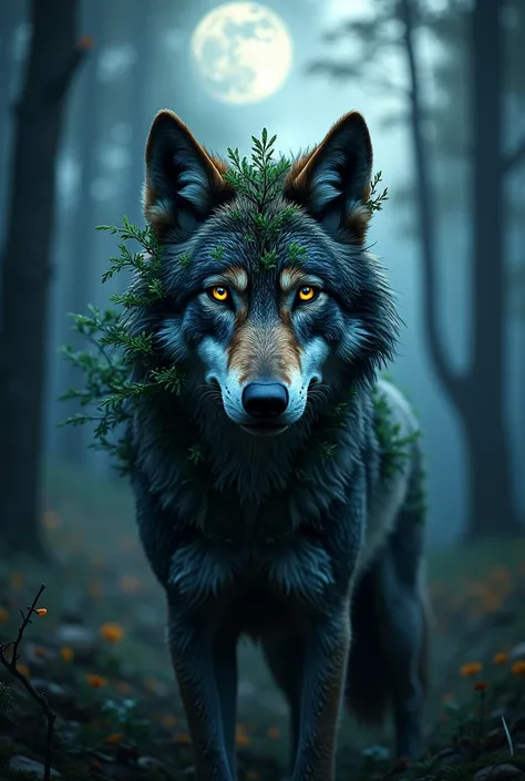 "Create a breathtaking, hyper-realistic image of a wolf at night, with a beautiful forest etched into its body and fur. The wolfs fur should be composed of actual trees, with branches and leaves that seem to grow organically from its body. The forest shoul...