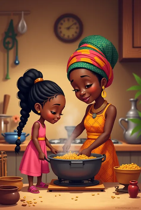 Consistent character cartoon African girl s, black braided hair, light skin complexion, pink dress and pink sandals, cooking in a traditional African kitchen with black African woman 60 years, African kitenge and headwear 