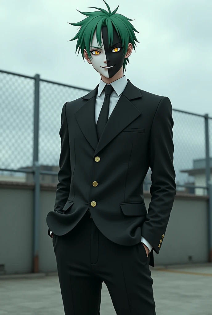 Very realistic,Japanese male, 20 years old,Short green hair like the hairstyle of white Zetsu from the anime Naruto ,Black alma mater with Stand collar,Gold buttons, black formal trousers,White sports shoes,(Having facial skin that is Divided by the center...