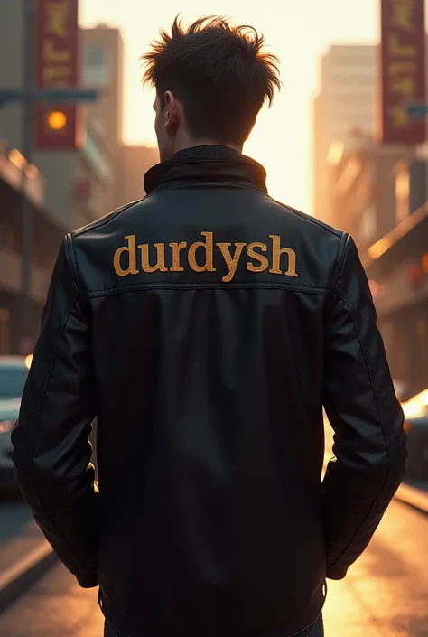 "A realistic portrait of a person standing with their back facing the viewer, wearing a jacket with the name [Durdysh] stylishly written on the back. The scene is set in a vibrant urban street with soft evening lights, detailed textures on the clothing, an...