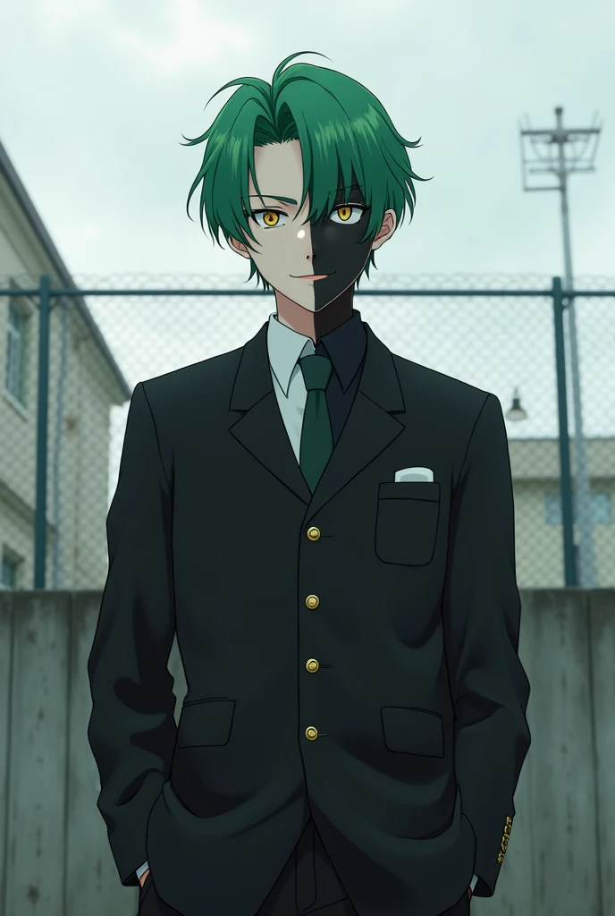 Very realistic,Japanese male, 20 years old,Short green hair like the hairstyle of Zetsu from the anime Naruto ,Black alma mater with Stand collar,Gold buttons, black formal trousers,White sports shoes,(Having facial skin that is Divided by the center line ...