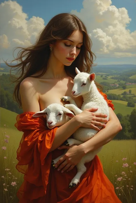 Painting of woman holding a goat and lamb sexy  beautiful