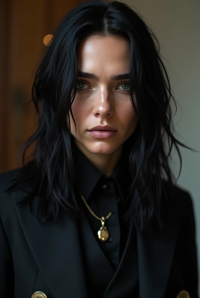 Help me create a photo of Tom Kaulitz the guitarist of Tokio Hotel dressed in a black suit, with gangster vibes. Next to him a beautiful girl with green eyes and black hair also with mafia vibes please