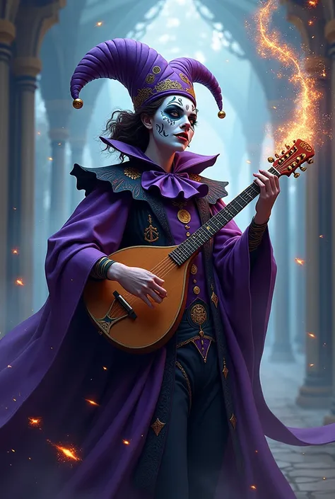 man human bard with lute a purple and black outfit style of clown in arcane style