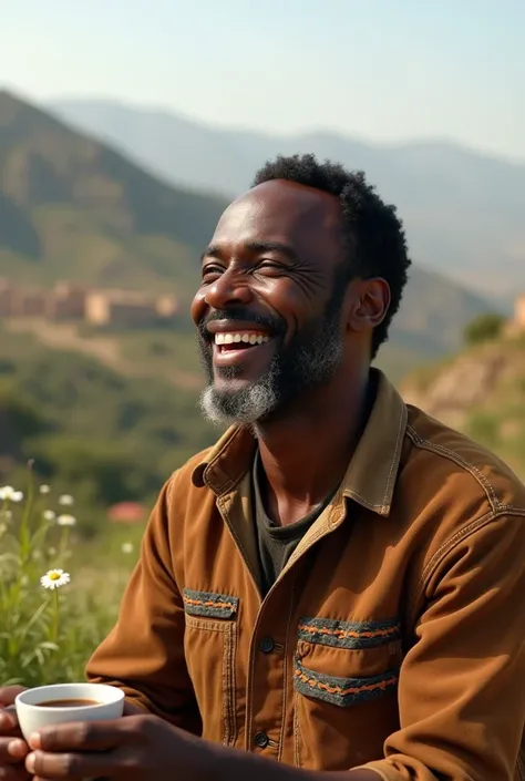 One happy  40 years old  African American men in Ethiopia  with coffee 