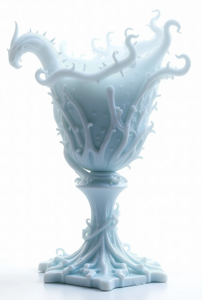 Goblet of Living Ice :  A chalice created by a white dragon ,  used to store the magic of its victims .  It is said that drinking from it grants ice powers for a short period,  but at the cost of the soul .. 8k, white background png. Games of Thrones style...