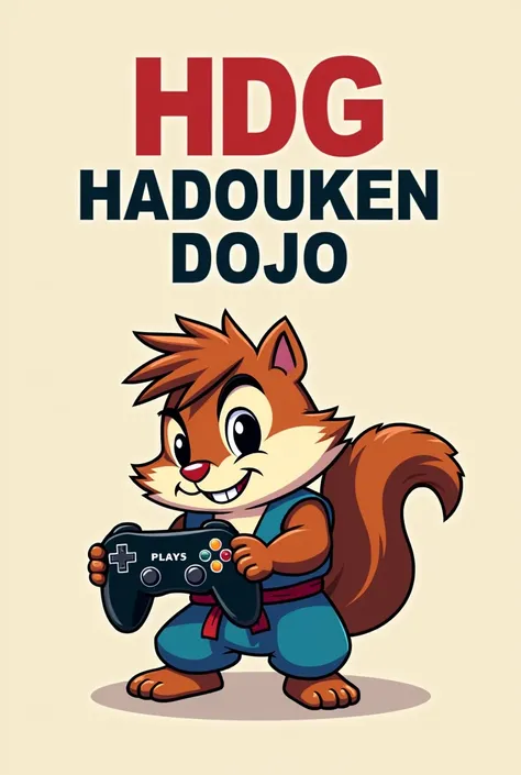  makes a logo with the letters  (above)  HDG Hadouken Dojo  (below)  True - Alvin with a squirrel inspired by Ryu from Street Fighter with a gamer controller (play5 )  in the hands 