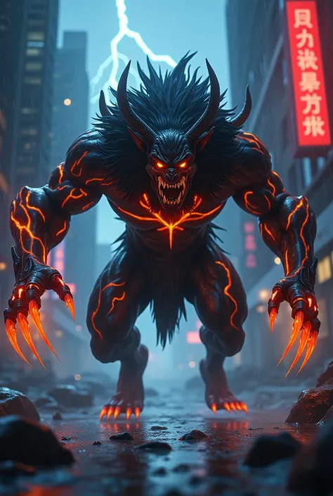 "Warwick is depicted as a terrifying hybrid of man and beast, his body a grotesque fusion of muscle, metal, and rage.hornless.  His fur is dark and matted, with glowing orange veins running across his cybernetic enhancements. His menacing claws drip with v...