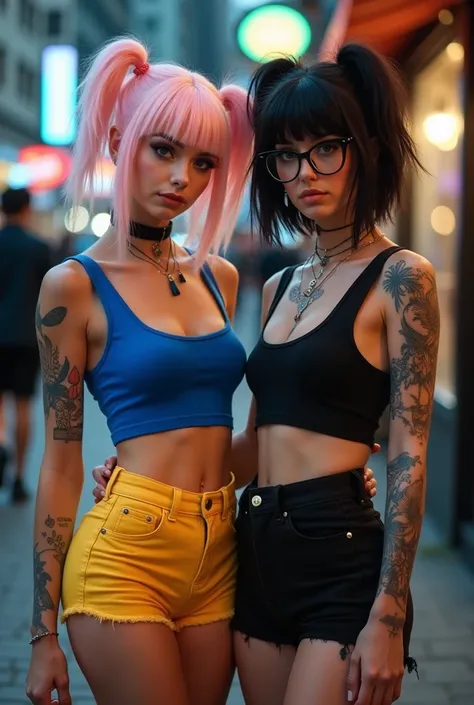 (Commercial photo shoot, bokeh:1.2), two beautiful caucasian women, 21 years old, one with pale pink hair in high pigtails, smirking, wearing royal blue crop top and  tight yellow shorts, one with short black hair and glasses with thick black square frames...