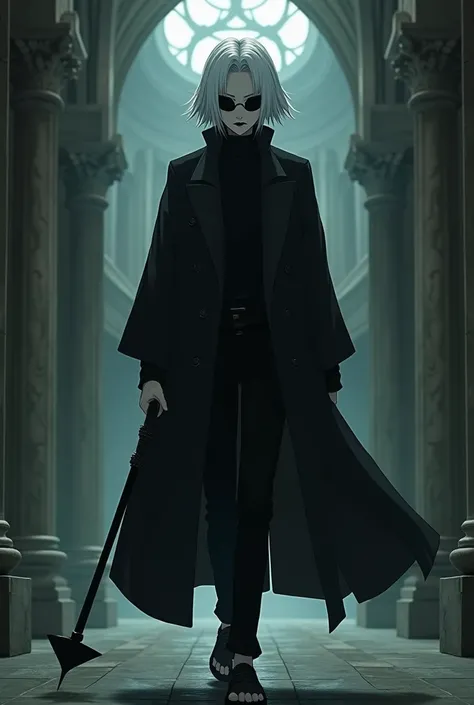  Itachi Uchiha walking with a Gothic cane , the background a gothic mansion inside ,casual clothing in black  , medium-long albino hair ,black lipstick, black lenses with an expressionless and mysterious or suspenseful look