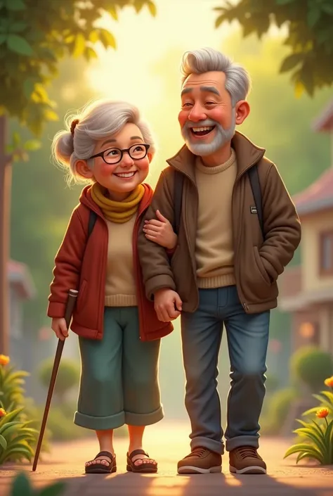 SMILING ELDERLY PERSON WALKING WITH A SON 