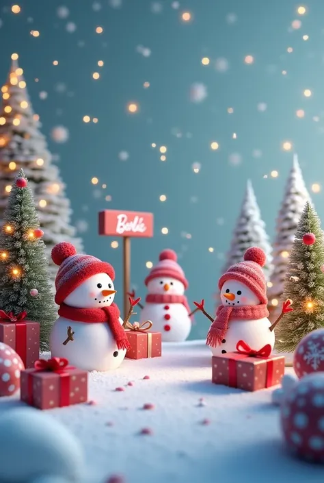  A Christmas image with snowmen, gifts, Christmas trees, snow and that has a sign with the name  "Barbie"