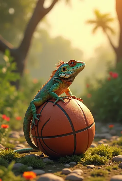 A lizard basking while playing basketball