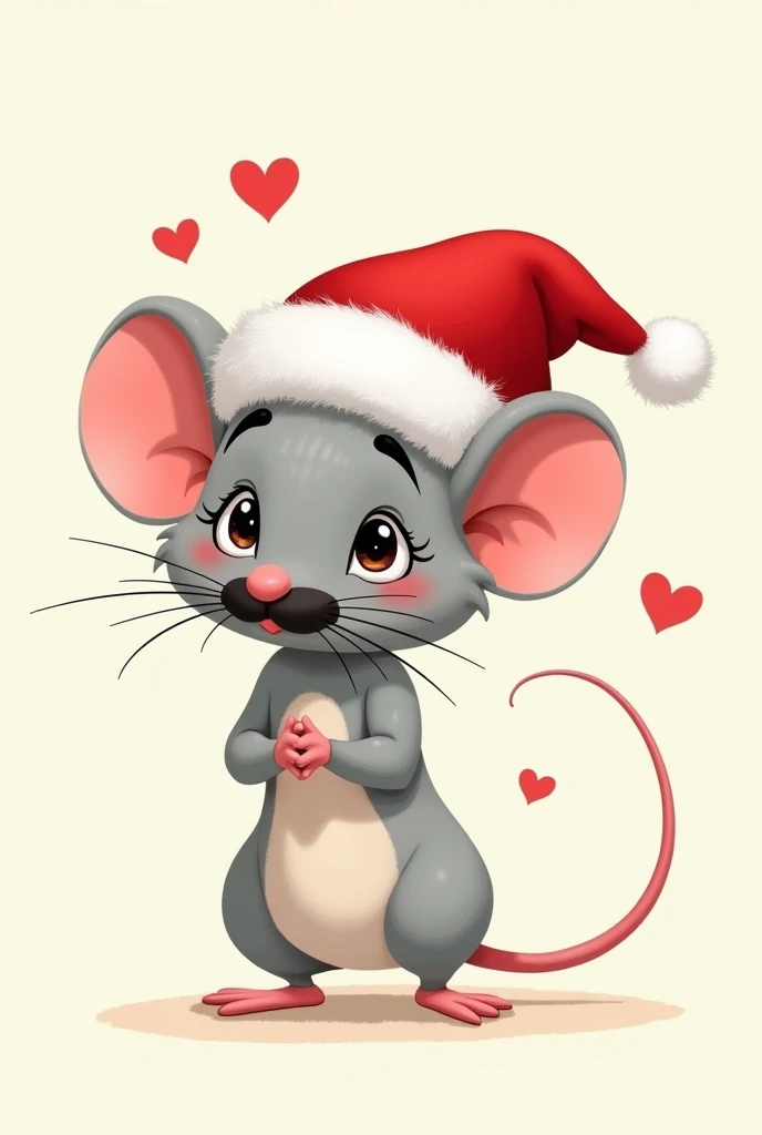 Light gray mouse with black mustache and Santa Claus hat throwing a kiss with hearts