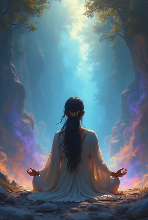 Image of a meditating person wearing clothes
On your back in a mystical place with beautiful colors