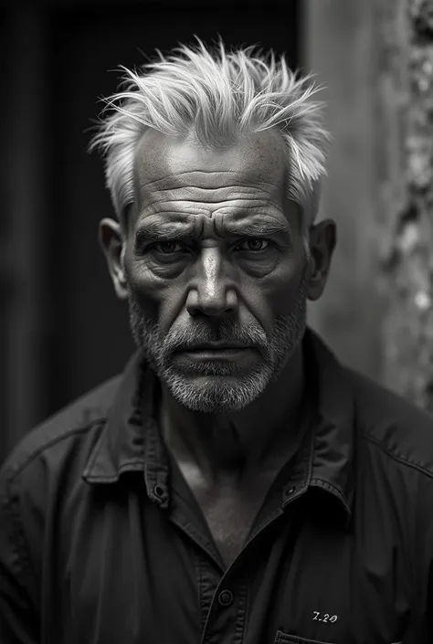  Caucasian male with bleached hair  , 35 years old  ,  face aged  ,  just out of prison  ,  Caucasian male with black and white background