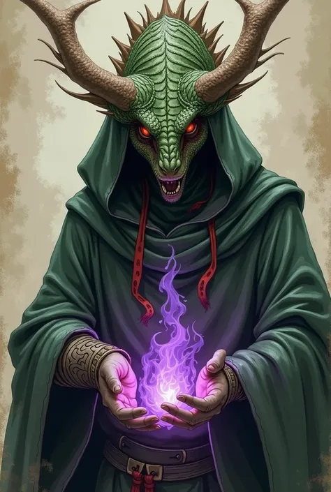  Draw a sorcerer of shadow magic . Refinements :  Red eyes,  red hair,  skin Green brown ,  he yuan-ti  (man with scales and snake head). His head is hidden by a hood .  He has a purple flame in his hands