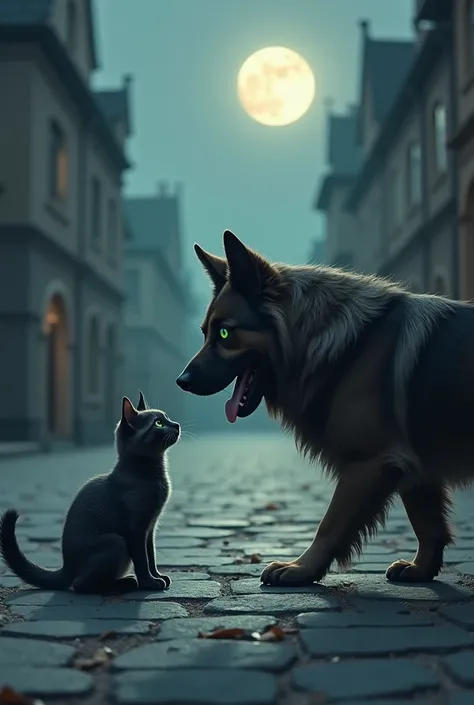 Color: a dark gray cat with black streaks on its back and a white spot on its forehead: sharp green eyes that look full of curiosity and courage. General form: initially slender, brave despite the difficult circumstances: the cat faces a big dog in an empt...