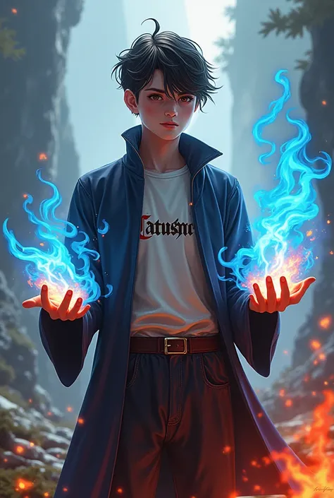 A radiant young white wizard with blue and red fire and who wears a jacket or shirt that says CATUSHOW