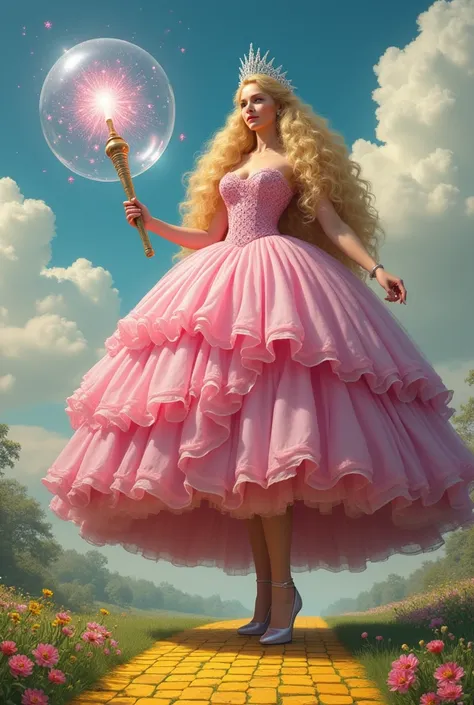 A woman in a very, very large dress, huge pink, blond hair, a silver crown, a huge wand inside a huge soap bubble on a yellow brick road. 