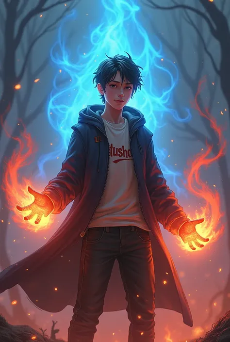 A radiant young white wizard with blue and red fire and who wears a jacket or shirt that says CATUSHOW