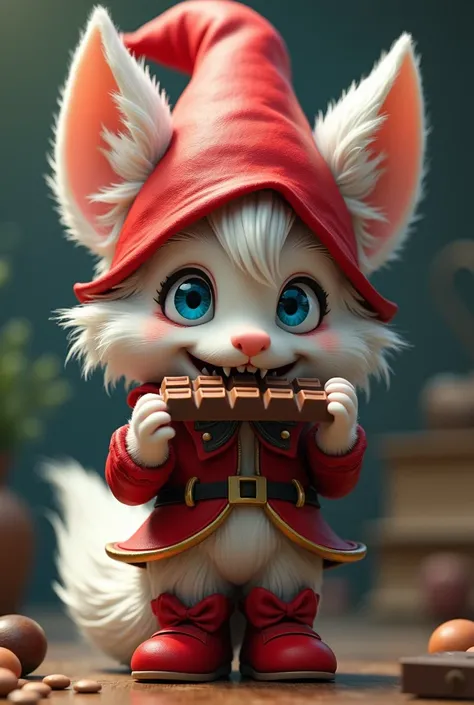 majestic tinkering feminine Gnome with fluffy fur and wolf like ears, 
piercing blue eyes and huge fangs, wearing a red pointy hat and red shoes, 
devouring a thin chocolate bar hyper-detailed styles of anime 
and 3D anime art. full figure