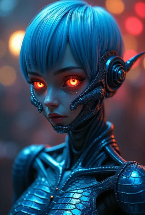 ((masterpiece)), ((best quality)), ((ultra-detailed)),

1girl, cool, (((glowing Red Eyes))), (((Blue hair color))), ((((Gunmetal skin)))), (((alligator motif))), ((Crocodile scales)), Cyborg girl fused with a alligator, (((Metallic blue exoskeleton))), ((B...