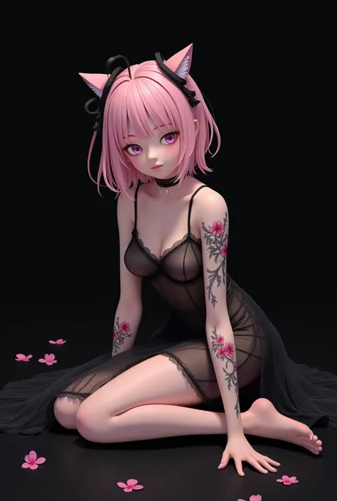  a female character , translucent black dress  , pinkish light skin ,  sitting on the floor with legs positioned backwards with hands between the legs touching the floor,  sacura tattoos on the arms  , staring , hair with bangs ,  light pink hair  , solid ...