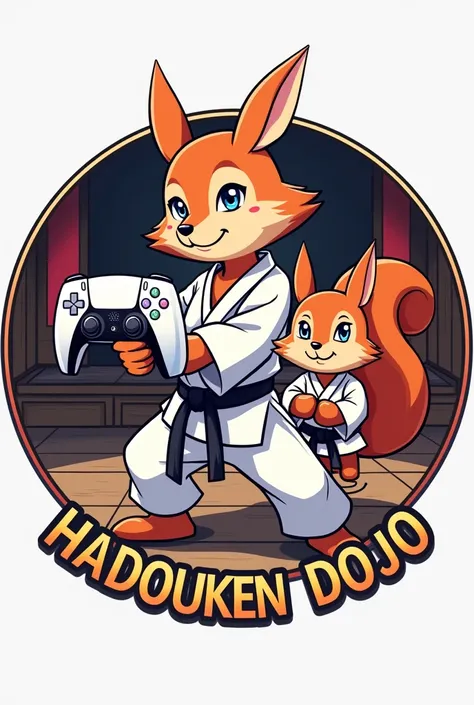  makes a circular logo with the letters  (above)  HDG Hadouken Dojo  (below) True - Alvin with a karate squirrel with a Playstation5 controller in his hands