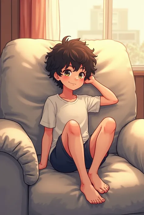 Noah  curly hair Less hair sitting on a big couch young anime guy