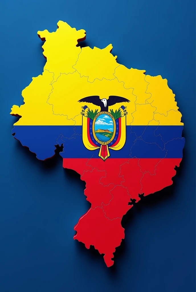  I want the image of the blue and red map of Ecuador ,  in Latin America ,  covered by the flag of Ecuador the tricolor , yellow,  and with the logo of the national shield ,  standing out in different locations ,  the different icons of the 5 powers of the...