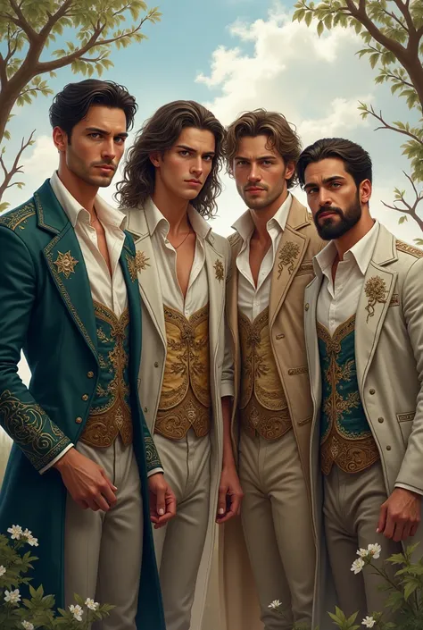  Create an illustration with: 4 strong men, imposing, different from each other , from 22 to 26 years old , Wearing Fairytale clothes, elegant