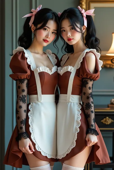 A hyper-realistic portrait of two young Japanese women in their early 20s, styled to exude elegance, charm, and subtle sensuality. Their appearances are strikingly beautiful, with smooth, luminous skin and glossy black hair that enhances their sophisticate...