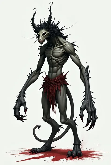  Make the image of a demonic beast  ( its not supposed to be something horrible or ugly no ,  just that it gives the impression of a demon itself )  it has four arms , 2, 07 meters tall ,  its a pity as if it were a feline ,  dark gray and light gray skin ...