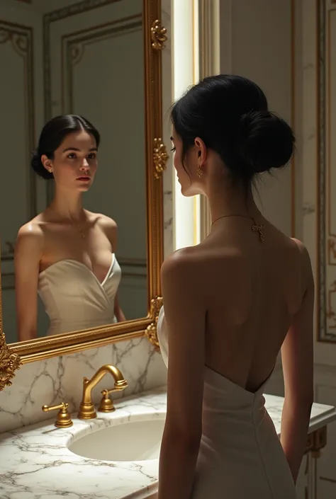 Woman in a large bathroom looking in the mirror and looking at herself from the side 